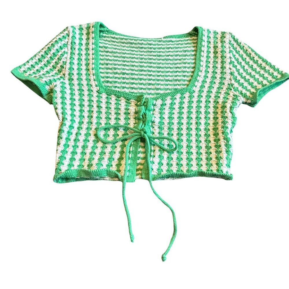 Zara Green White Stripe Crop Top Shirt Lace-Up Crochet Stretch Size XS Women's